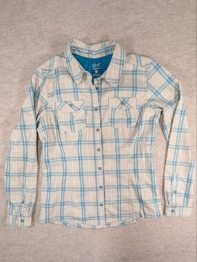 Mountain Hardwear Women's Light Blue Teal White & Cream Plaid Button Outdoor 8